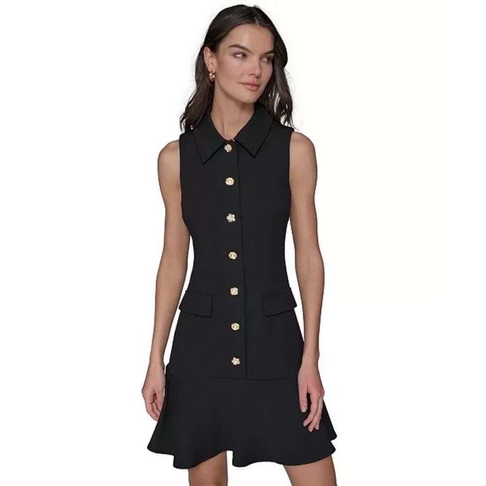 Bloom Chic Black Sleeveless Ruffle Hem Mini Dress with Gold Buttons and Collar